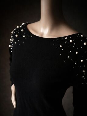 Siren Lily Black Pearl-Embellished Knit Tunic Dress